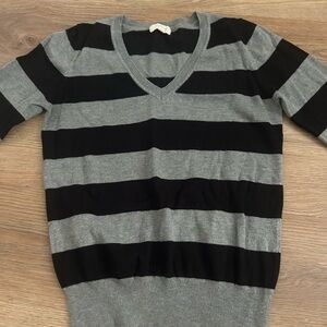 Gray and Black Striped V-Neck Sweater